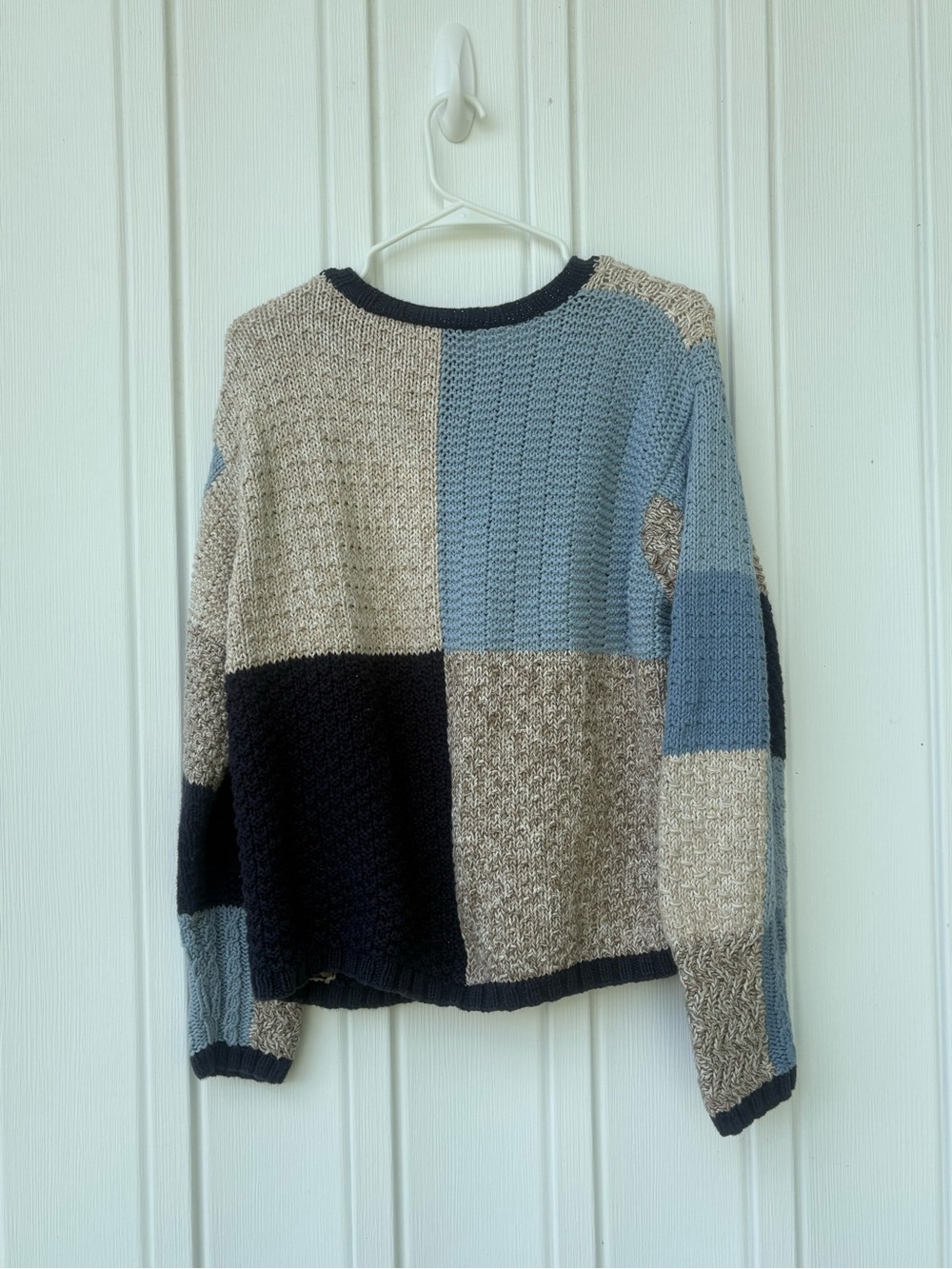 Vintage Chunky Patchwork Knit Colorblock Cardigan Sweater Blue Beige Boho - Picture 9 of 9